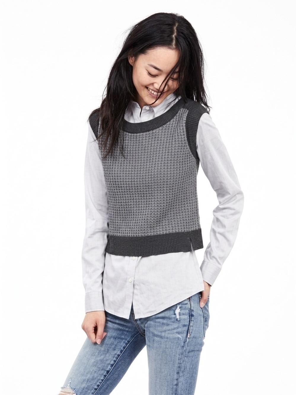 Banana Republic Textured Crop Shell Gray & Black Sleeveless Knit Top